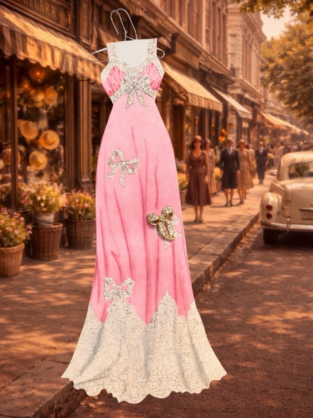 Sophie’s Closet Greeting Card Pink Gown With Gemmed Bow Pin  Vintage